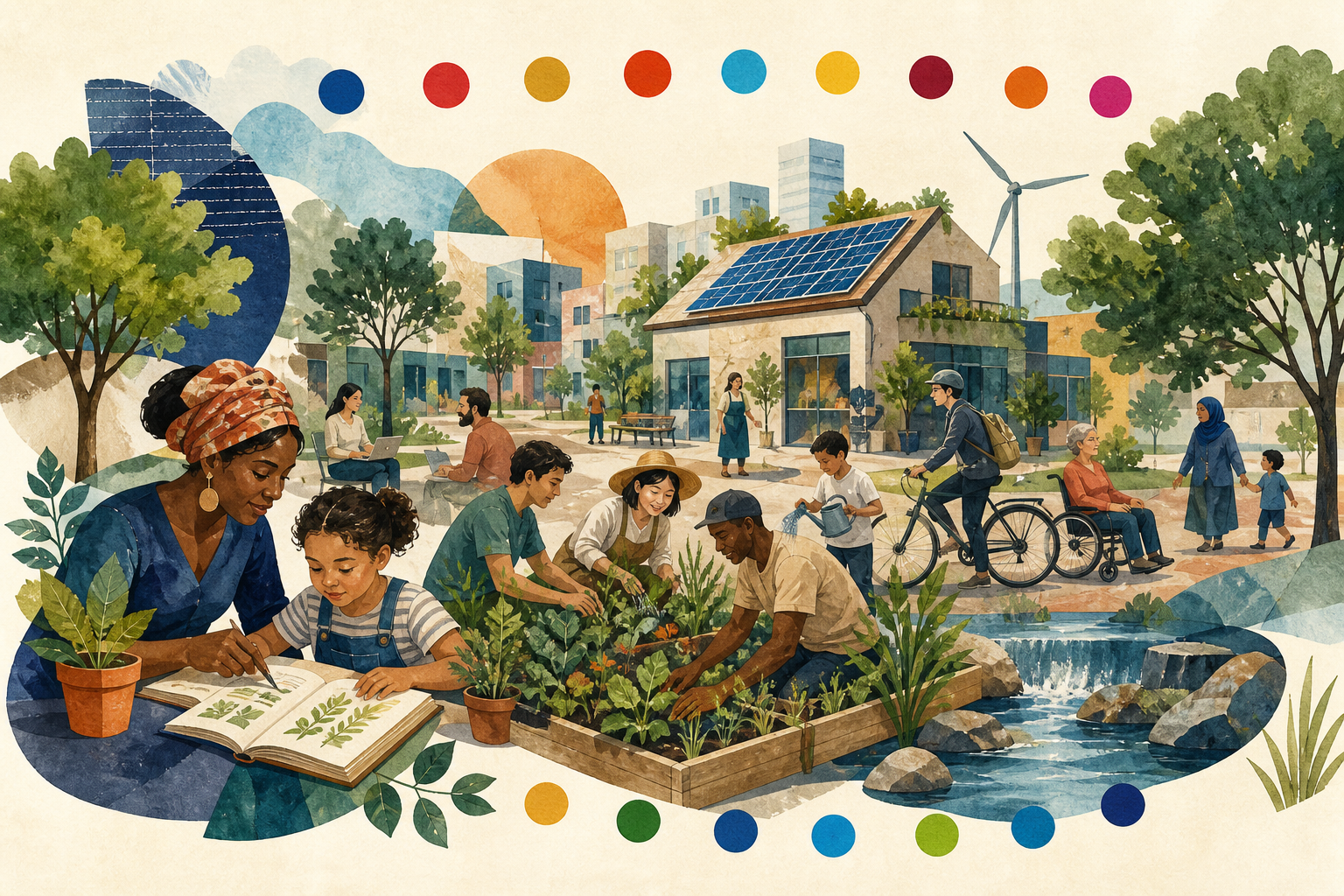 A sustainable neighborhood with gardens, clean energy, and shared public spaces